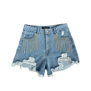 Blue B Collection Rhinestone Fringe Distressed Denim Shorts Womens Small